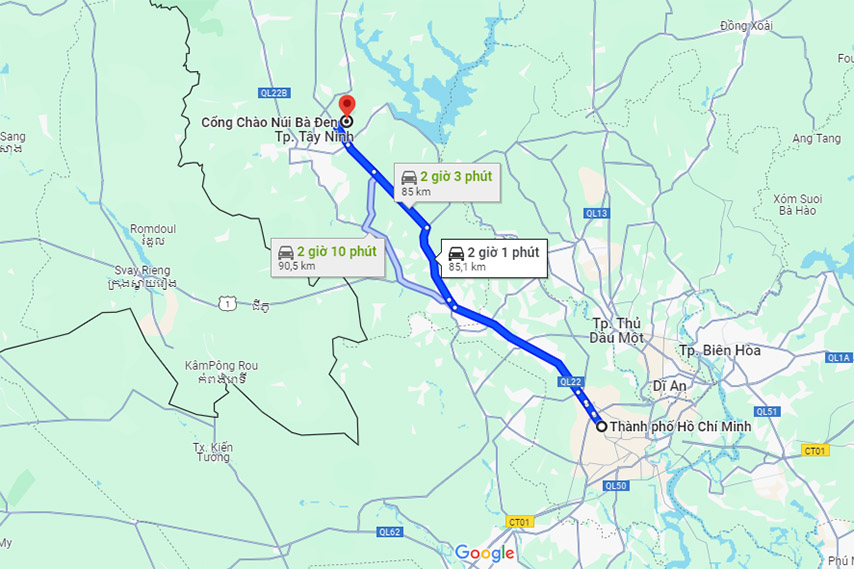 Tuyến đường ô tô từ trung tâm TP. Hồ Chí Minh đến chân núi Bà Đen (Nguồn: Google Maps)