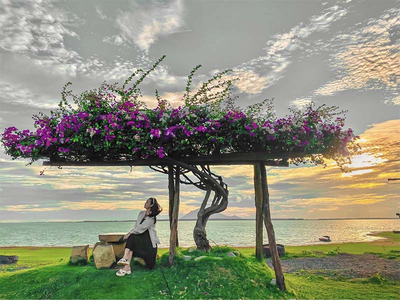 Du khách check-in dưới gốc bằng lăng trong ráng chiều rực rỡ (Nguồn: Bằng Lăng Glamping – Dầu Tiếng Sea Lake)