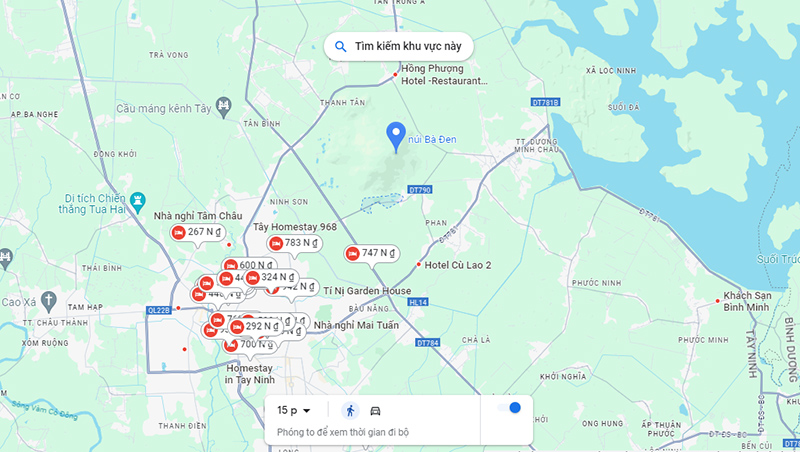 Du lịch núi Bà Đen tự túc đòi hỏi bạn phải tự tìm kiếm khách sạn (Nguồn: Google Maps)
