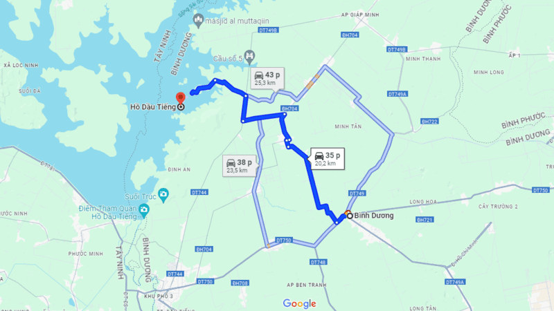 Tuyến đường gần nhất từ trung tâm tỉnh TP.HCM đến hồ Dầu Tiếng (Nguồn: Google Maps)