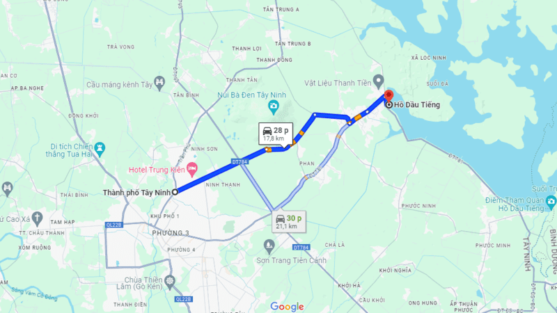 Tuyến đường gần nhất từ trung tâm Tây Ninh đến hồ Dầu Tiếng (Nguồn: Google Maps)