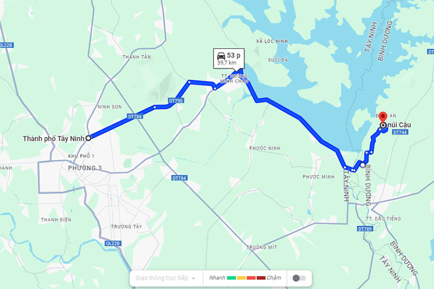 Tuyến đường từ trung tâm thành phố Tây Ninh đến chân núi Cậu (Nguồn: Google Maps)