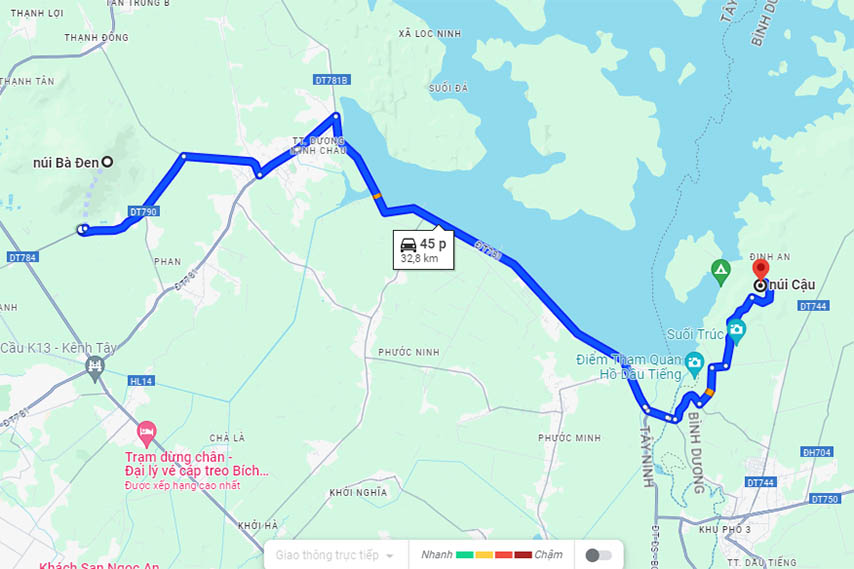 Tuyến đường từ núi Bà Đen đến chân núi Cậu (Nguồn: Google Maps)