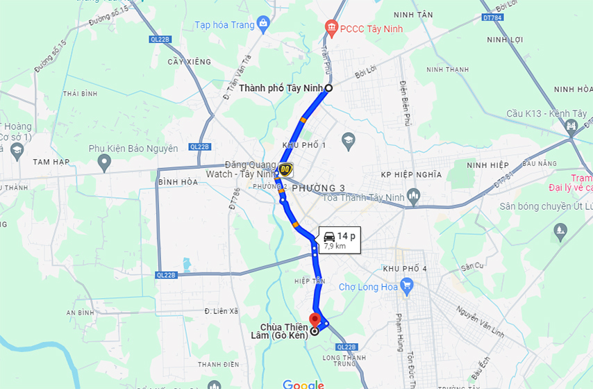 Đường đi từ trung tâm Tây Ninh đến chùa Gò Kén chỉ cách nhau 8km (Nguồn: Google Map)