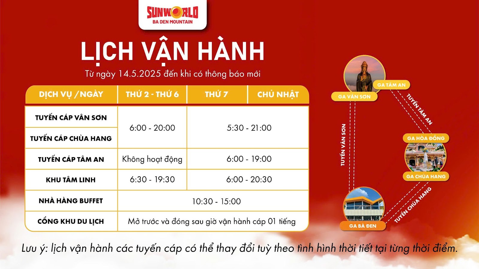 Lịch vận hành cáp treo khu du lịch Sun World Ba Den Mountain từ ngày 14.05.2025 đến khi có thông báo mới