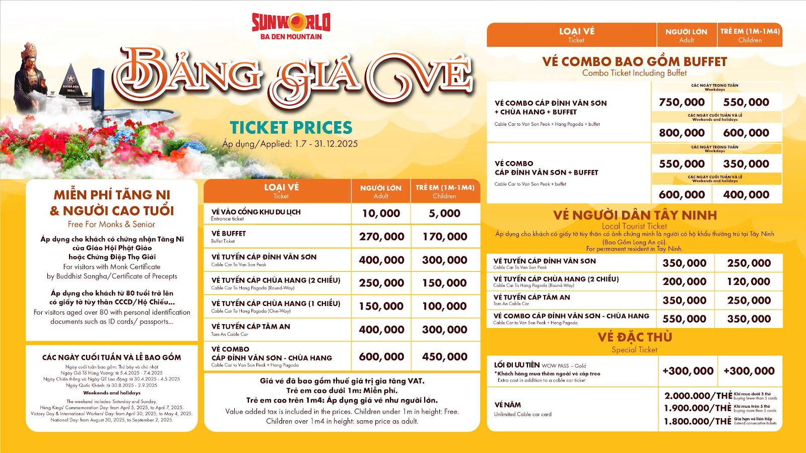 Bảng giá vé cáp treo khu du lịch Sun World Ba Den Mountain từ ngày 01.07.2025 đến 31.12.2025